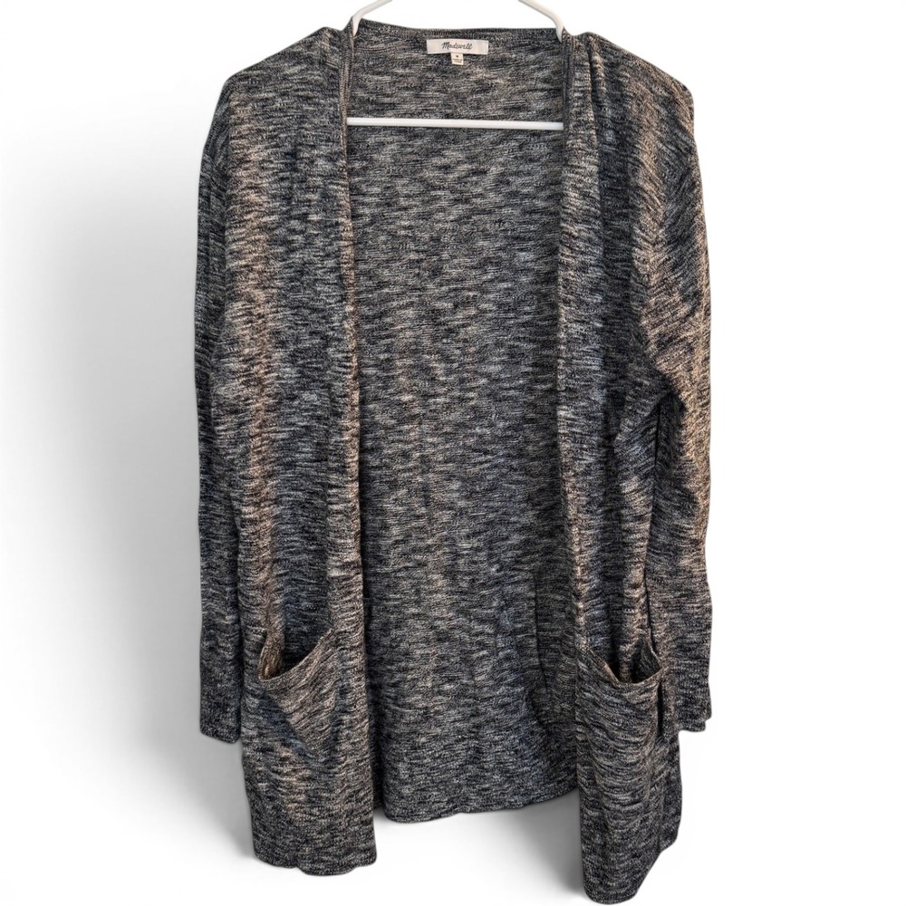 Madewell Cardigan Women M Black White Marled Open Front Pockets Space Dye Knit